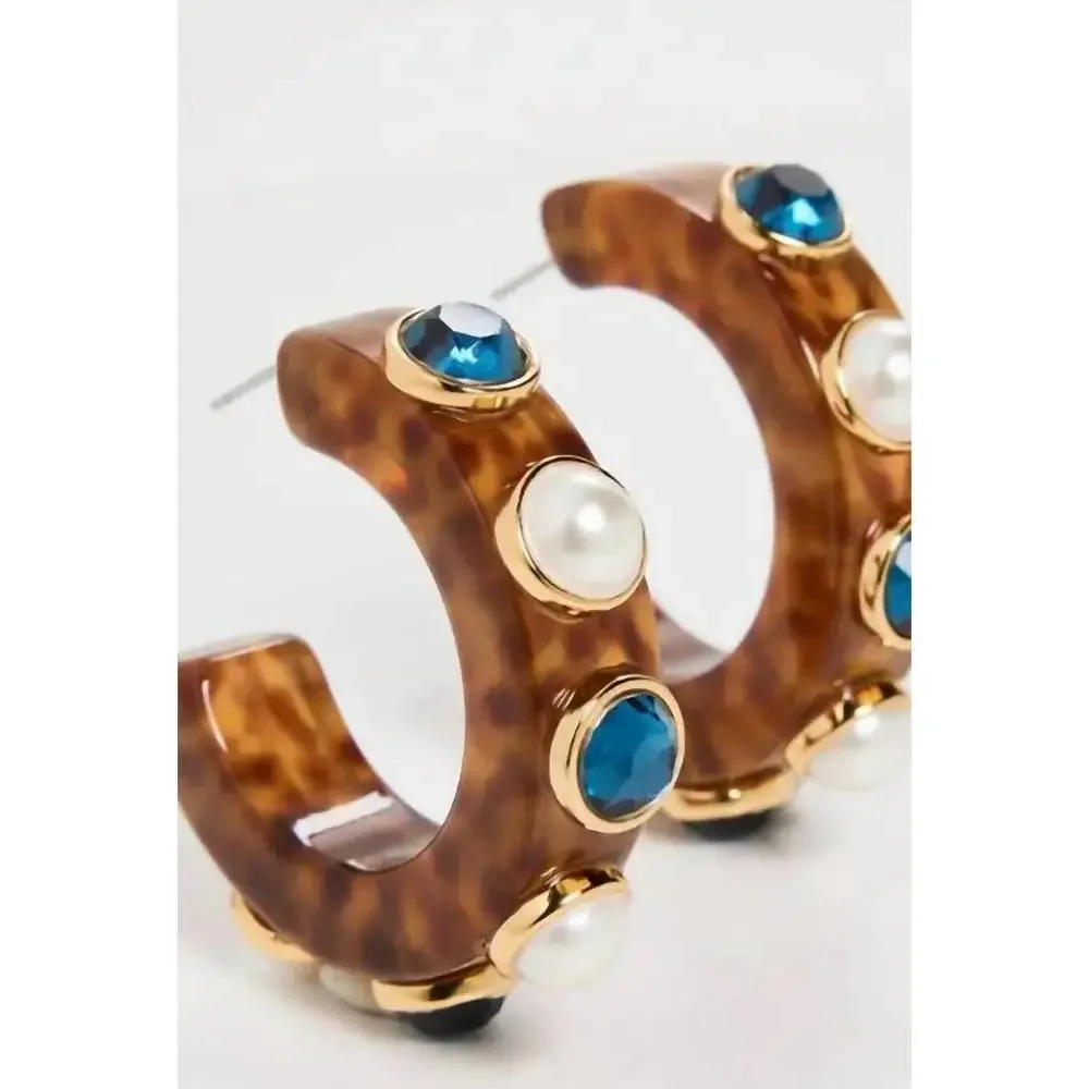 Lele Sadoughi Tortoiseshell Hoop Earrings with Blue Stones and Pearls